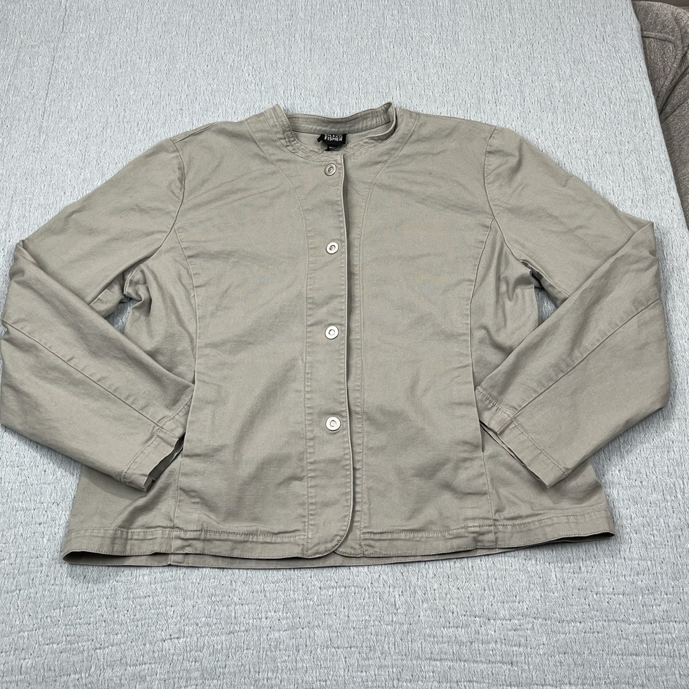 EILEEN FISHER‎ Jacket XL Stretch Cotton Twill Stand Up Collar Button Front Beige